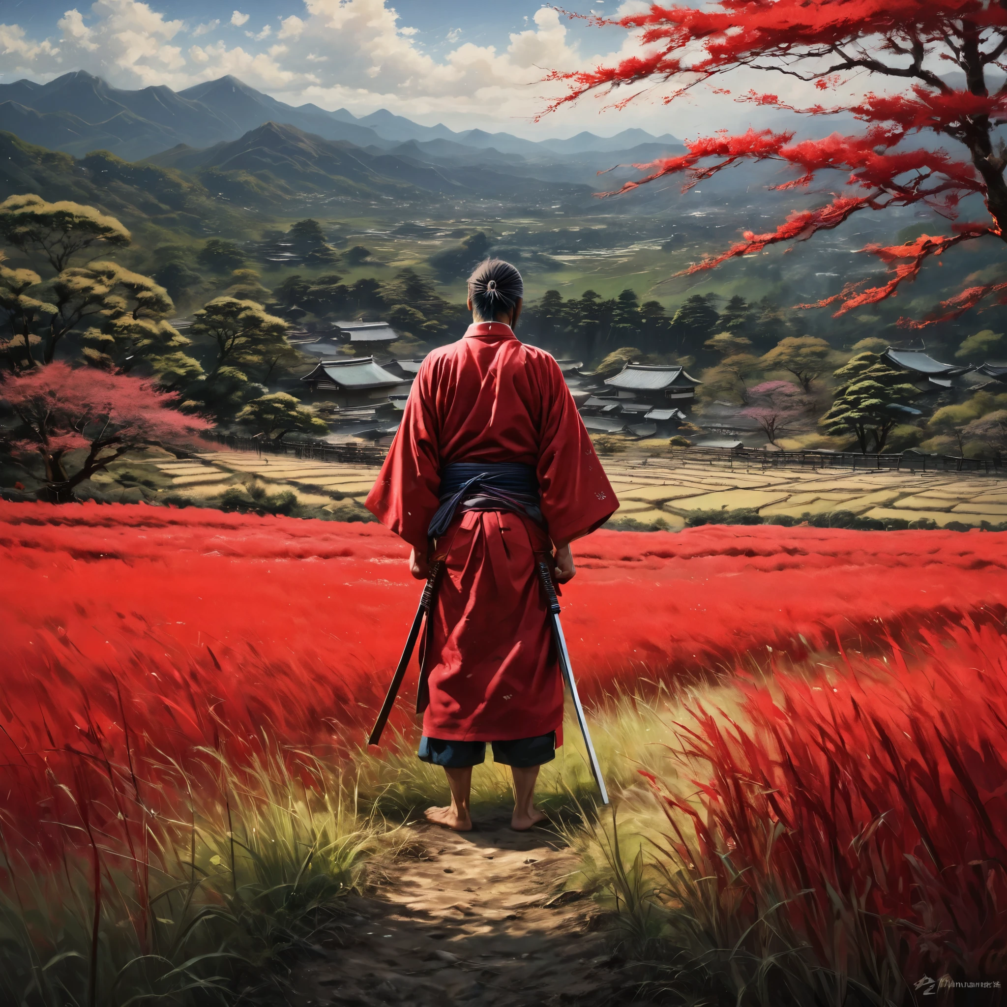 painting of a man in a red kimono standing in a field, feudal japan art, samurai man vagabond, samurai duel, samurai style, ancient japanese samurai, inspired by Kanō Sanraku, pino daeni and dan mumford, miyamoto musashi, japanese samurai, in feudal japan, inspired by Kanō Hōgai