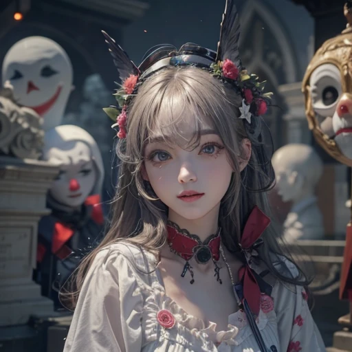 Standing in the grave、Hair flow、 ((highest quality、masterpiece、8k、Best image quality、Ultra-high resolution、Award-winning works)、(Accurate anatomy:1.1)、(Look at me and smile:1.1)、Shining fair skin with Ultra-high resolution、The most detailed face、Ultra-high resolution detailed face、Ultra-high resolutionの髪の毛、(Ultra-high resolution eye:1.1)、Beautiful face drawn in every detail、Cheerful clown costume, Chest to chest, Strange atmosphere, Ghosts flow, Dark Light, At the cemetery