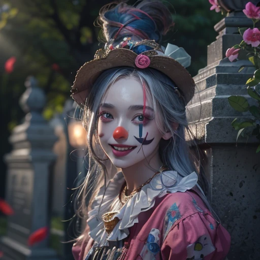 Standing in the grave、Hair flow、 ((highest quality、masterpiece、8k、Best image quality、Ultra-high resolution、Award-winning works)、(Accurate anatomy:1.1)、(Look at me and smile:1.1)、Shining fair skin with Ultra-high resolution、The most detailed face、Ultra-high resolution detailed face、Ultra-high resolutionの髪の毛、(Ultra-high resolution eye:1.1)、Beautiful face drawn in every detail、Cheerful clown costume, Chest to chest,  Strange atmosphere, Ghosts flow, Dark Light, At the cemetery 