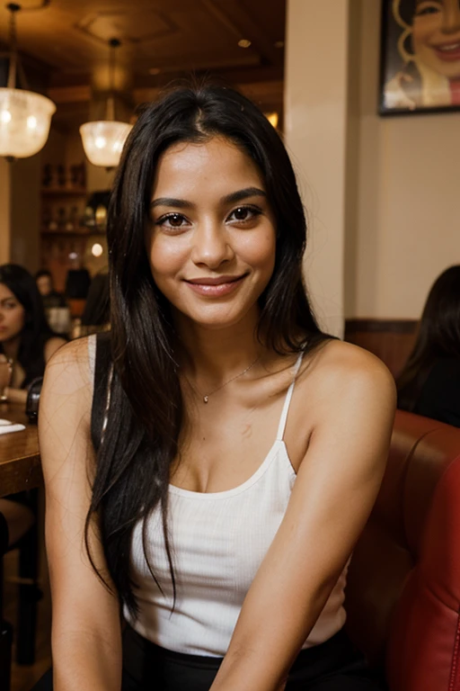 photography of Latina 40 years old, black long hair, perfect smiley face, in a restaurant