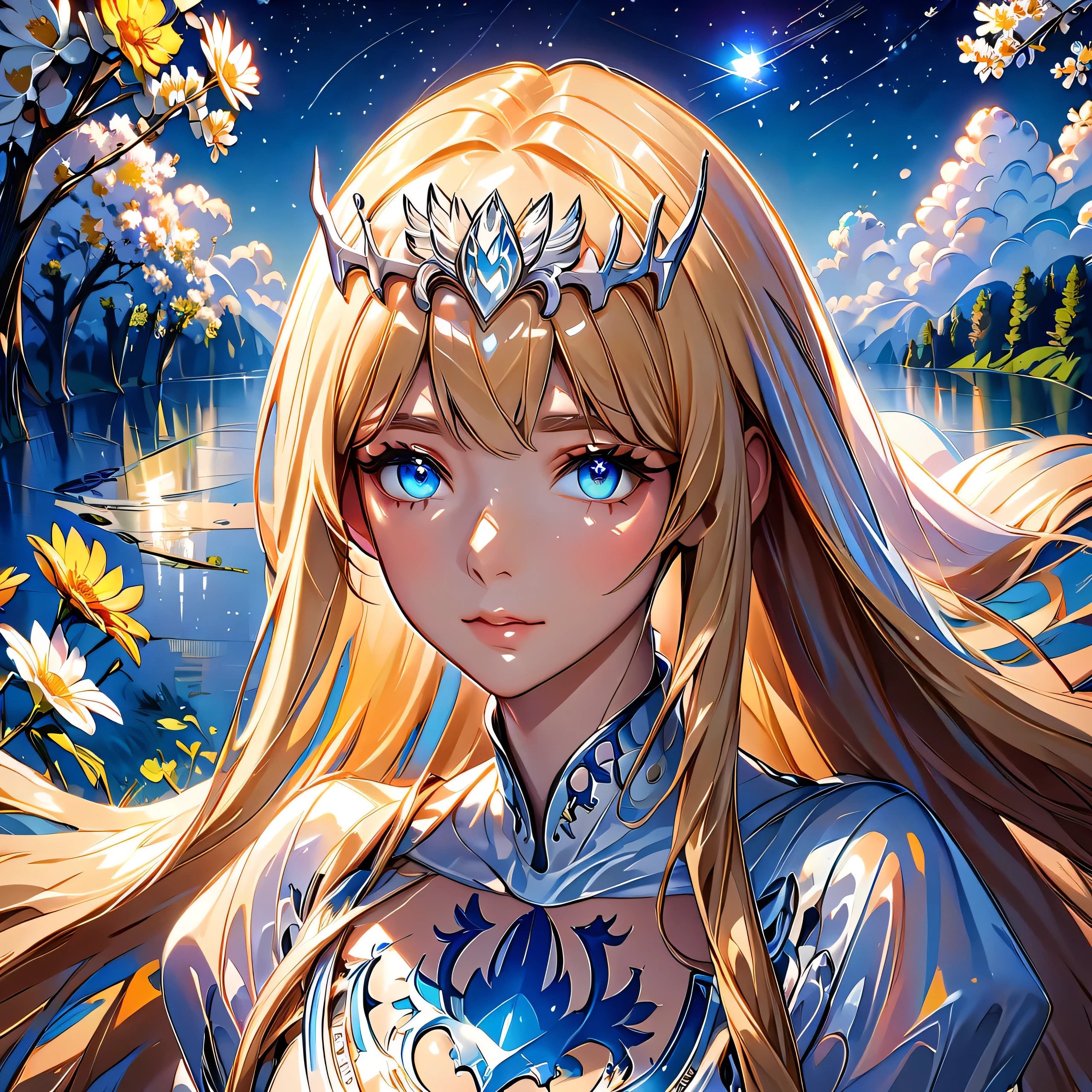 hyper-detailed render style, glow, yellow,blue, surreal oil painting, shiny eyes, head closeup, exaggerated perspective, Tyndall effect,,holographic, 1girl, solo, Calca, Calca Bessarez, blonde hair, extremely long hair, very long hair, white tiara, silver tiara, white dress, blue eyes, medium chest, long straight hair, in magical forest, fluorescent wild flower, beautiful scenery, outdoor, night time