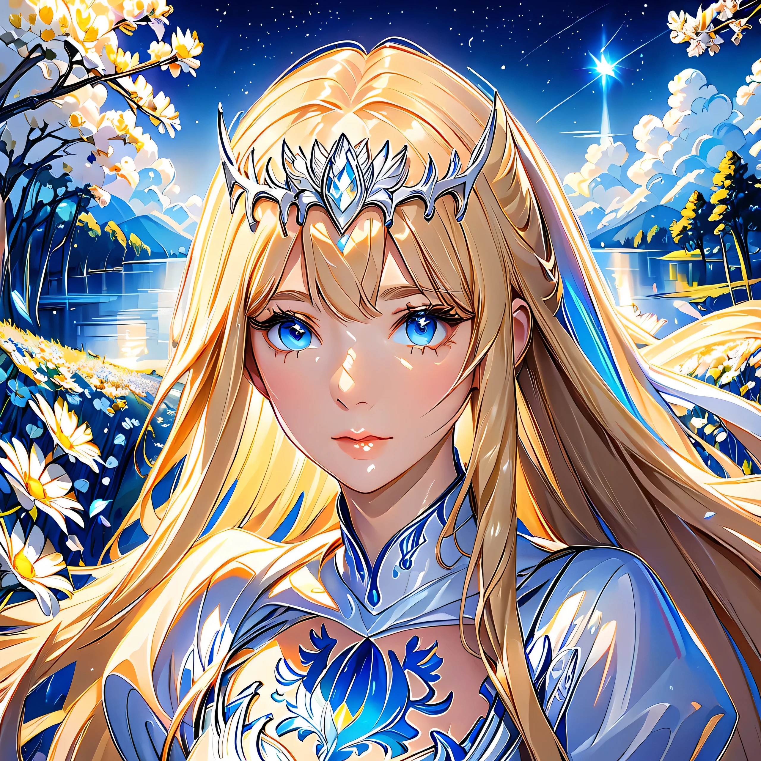 hyper-detailed render style, glow, yellow,blue, surreal oil painting, shiny eyes, head closeup, exaggerated perspective, Tyndall effect,,holographic, 1girl, solo, Calca, Calca Bessarez, blonde hair, extremely long hair, very long hair, white tiara, silver tiara, white dress, blue eyes, medium chest, long straight hair, in magical forest, fluorescent wild flower, beautiful scenery, outdoor, night time
