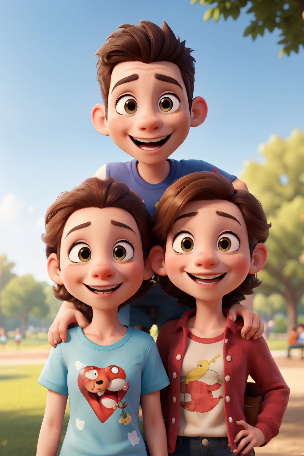 (caricatura, mejor calidad, Super detailed), (happy expression of two girls and 8 year old boy in the park, en colores peculiares)