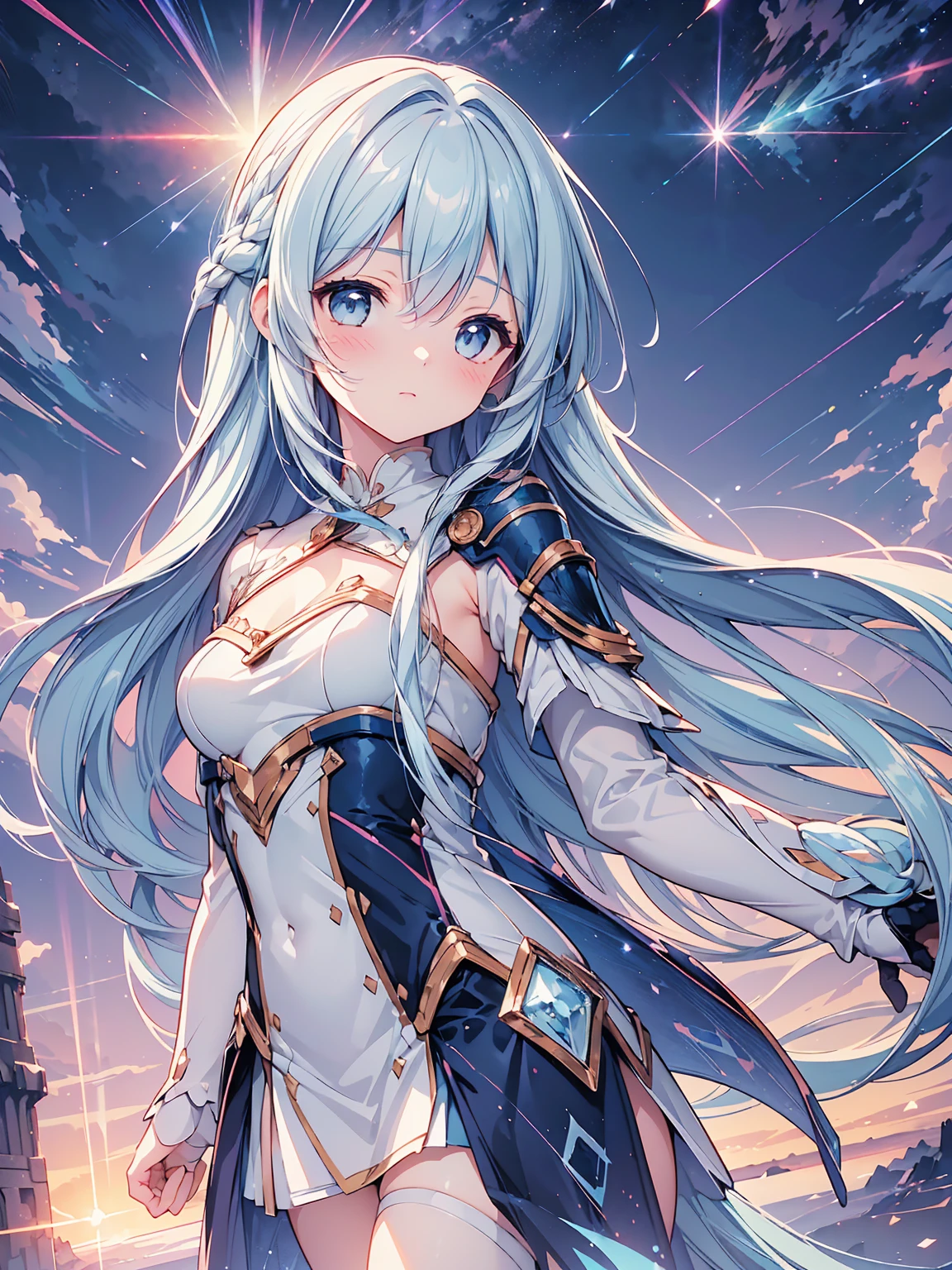 masterpiece, best quality, extremely detailed, (illustration, official art:1.1), 1 girl ,(((( light blue long hair)))), light blue hair, ,, long hair ((blush)) , cute face, big eyes, full body, cowboy shot, close-up, open wide arms, (magic effect:1.4), dynamic pose, tareme, big eyes, (shining) eyes, inviting face, (high detailed robe:1.2), cape, band of light, (wind:1.4), anime, realistic, high detailed eyes, perfect anatomy, (masterpiece, best quality, high detailed:1.4), 8k, cg. wallpaper, (blue sunset:1.4), (moon:1.2), 1girl, solo, chests lift, looking at viewer, (top of the castle:1.2)