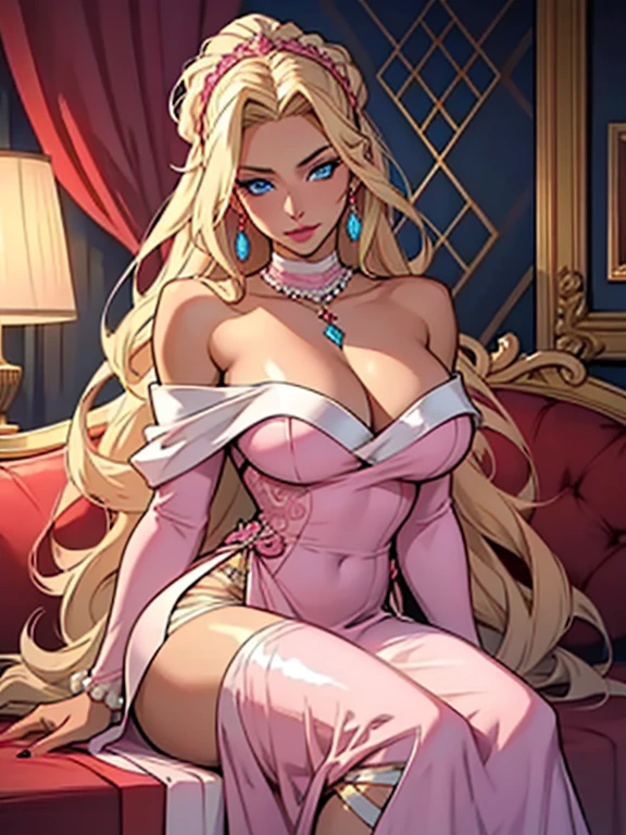 "A beautifully detailed portrait of a Nordic princess named Leona. Leona has long, straight blonde hair styled with pearls and ribbons. She is dressed in an elegant off-shoulder dress that accentuates her curves. Her face is perfectly made up with heavy makeup, including layers of foundation, eyeshadow, and ((glossy lipstick)). She has fair skin and ((blue eyes)). She is sitting with her hands in front of her, prominently showcasing her impeccably polished, ((glossy pink nails)). The background includes an opulent bed and ornate decorations, reflecting the grandeur and wealth of the palace. Leona looks sad, with an expression that conveys a deep sense of sorrow. The image should focus on vibrant colors and a soft, illustrative look."