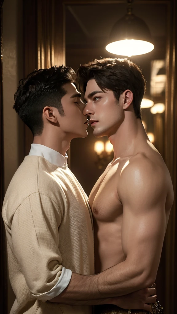 ((masterpiece)),((bestquality)),8k,high detailed,ultra-detailed, Neutral Expression, Stylish Pose, real skin texture, cinematic lighting,
Gay couple in the style of royal