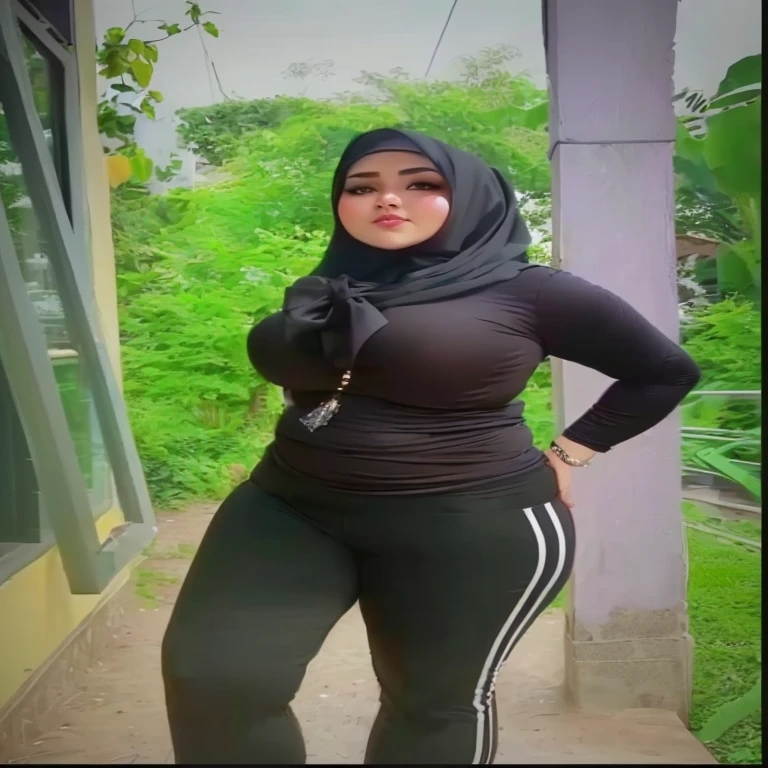 a close up of a woman in a black top and black pants, thicc, she has a jiggly fat round belly, skinny waist and thick hips, thick body, wearing black tight clothing, hijab, women full body, wide hips, thick, curvy figure, woman is curved, beautiful thick female, malaysian, her belly is fat and round.ultra HD.high resolusi
