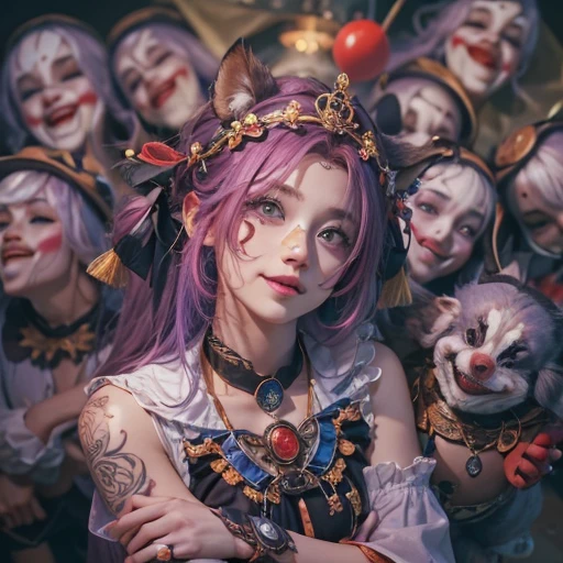 Hiding in the tomb、Hair flow、 ((highest quality、masterpiece、8k、Best image quality、Ultra-high resolution、Award-winning works)、(Accurate anatomy:1.1)、(Look at me and smile:1.1)、Shining fair skin with Ultra-high resolution、The most detailed face、Ultra-high resolution detailed face、Ultra-high resolutionの髪の毛、(Ultra-high resolutionの煌めく瞳:1.1)、Beautiful face drawn in every detail、Cheerful clown costume, Chest to chest, tattoo,Strange atmosphere, Ghosts flow