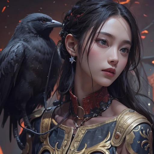 it's raining, city、Hair flow、 ((highest quality、masterpiece、8k、Best image quality、Ultra-high resolution、Award-winning works)、(Accurate anatomy:1.1)、(Look at me and smile:1.1)、Shining fair skin with Ultra-high resolution、The most detailed face、Ultra-high resolution detailed face、Ultra-high resolutionの髪の毛、(Ultra-high resolutionの煌めく瞳:1.1)、Beautiful face drawn in every detail、ancient gothic costume , Chest to chest, tattoo, There's a real crow next to him.