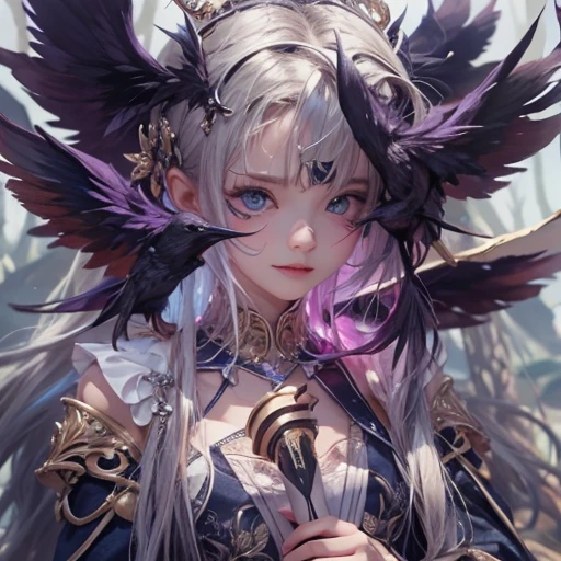 it's raining, city、Hair flow、 ((highest quality、masterpiece、8k、Best image quality、Ultra-high resolution、Award-winning works)、(Accurate anatomy:1.1)、(Look at me and smile:1.1)、Shining fair skin with Ultra-high resolution、The most detailed face、Ultra-high resolution detailed face、Ultra-high resolutionの髪の毛、(Ultra-high resolutionの煌めく瞳:1.1)、Beautiful face drawn in every detail、ancient gothic costume , Chest to chest, tattoo, There's a real crow next to him.