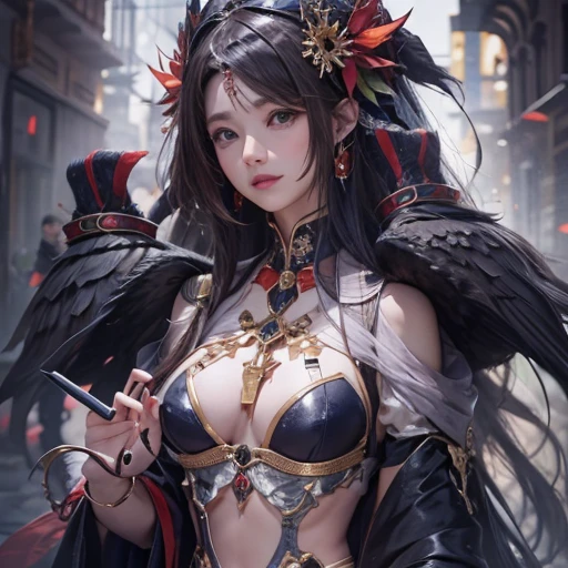 it's raining, city、Hair flow、 ((highest quality、masterpiece、8k、Best image quality、Ultra-high resolution、Award-winning works)、(Accurate anatomy:1.1)、(Look at me and smile:1.1)、Shining fair skin with Ultra-high resolution、The most detailed face、Ultra-high resolution detailed face、Ultra-high resolutionの髪の毛、(Ultra-high resolutionの煌めく瞳:1.1)、Beautiful face drawn in every detail、ancient gothic costume , Chest to chest, tattoo, There's a real crow next to him.