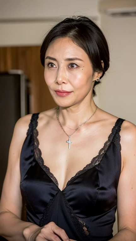 High-quality graphics、Rich in details，High resolution、Extremely detailed,(超High resolution),(8k UHD best quality), Wearing beautiful lingerie,Perfect body，（Chest：2.5)，necklace，Short hair ponytail，confidence、black boxer briefs，60 year old beautiful mother，A bit old but very temperamental