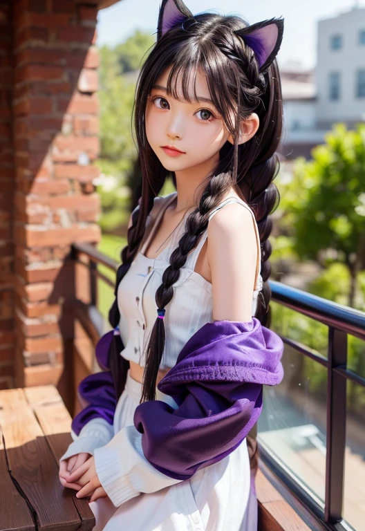masterpiece, Top quality, high resolution, Super Detail, Plane lighting, 1 girl, 15 year old girl, viewfinder, Medium-length hair, Black Purple Hair, Straight Hair, black purple cat ears, Small white ear velvet, shiny hair, black eyes, Black purple fashion, The End, tiny braids,Braids on both sides of the face