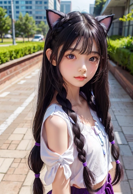 masterpiece, Top quality, high resolution, Super Detail, Plane lighting, 1 girl, 15 year old girl, viewfinder, Medium-length hair, Black Purple Hair, Straight Hair, black purple cat ears, Small white ear velvet, shiny hair, black eyes, Black purple fashion, The End, tiny braids,Braids on both sides of the face