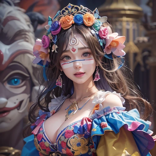 Hiding in the castle、Hair flow、 ((highest quality、masterpiece、8k、Best image quality、Ultra-high resolution、Award-winning works)、(Accurate anatomy:1.1)、(Look at me and smile:1.1)、Shining fair skin with Ultra-high resolution、The most detailed face、Ultra-high resolution detailed face、Ultra-high resolutionの髪の毛、(Ultra-high resolutionの煌めく瞳:1.1)、Beautiful face drawn in every detail、Cheerful clown costume, Chest to chest, tattoo,、Subtle clown make-up、Masquerade and masks