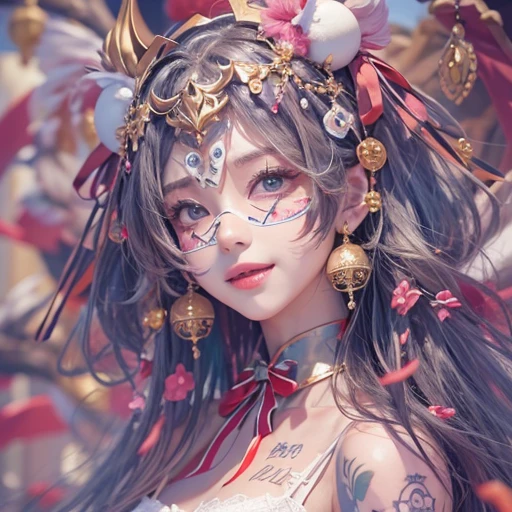 Hiding in the castle、Hair flow、 ((highest quality、masterpiece、8k、Best image quality、Ultra-high resolution、Award-winning works)、(Accurate anatomy:1.1)、(Look at me and smile:1.1)、Shining fair skin with Ultra-high resolution、The most detailed face、Ultra-high resolution detailed face、Ultra-high resolutionの髪の毛、(Ultra-high resolutionの煌めく瞳:1.1)、Beautiful face drawn in every detail、Cheerful clown costume, Chest to chest, tattoo,、Subtle clown make-up、Masquerade and masks