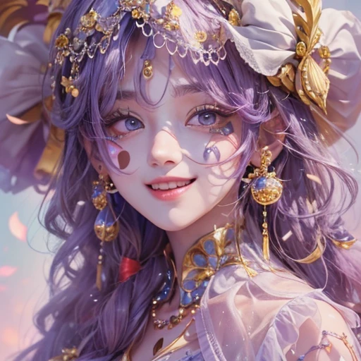 Hiding in the castle、Hair flow、 ((highest quality、masterpiece、8k、Best image quality、Ultra-high resolution、Award-winning works)、(Accurate anatomy:1.1)、(Look at me and smile:1.1)、Shining fair skin with Ultra-high resolution、The most detailed face、Ultra-high resolution detailed face、Ultra-high resolutionの髪の毛、(Ultra-high resolutionの煌めく瞳:1.1)、Beautiful face drawn in every detail、Cheerful clown costume, Chest to chest, tattoo,、Subtle clown make-up、Masquerade and masks