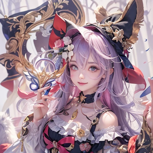Hiding in the castle、Hair flow、 ((highest quality、masterpiece、8k、Best image quality、Ultra-high resolution、Award-winning works)、(Accurate anatomy:1.1)、(Look at me and smile:1.1)、Shining fair skin with Ultra-high resolution、The most detailed face、Ultra-high resolution detailed face、Ultra-high resolutionの髪の毛、(Ultra-high resolutionの煌めく瞳:1.1)、Beautiful face drawn in every detail、Cheerful clown costume, Chest to chest, tattoo,、Subtle clown make-up、Masquerade and masks