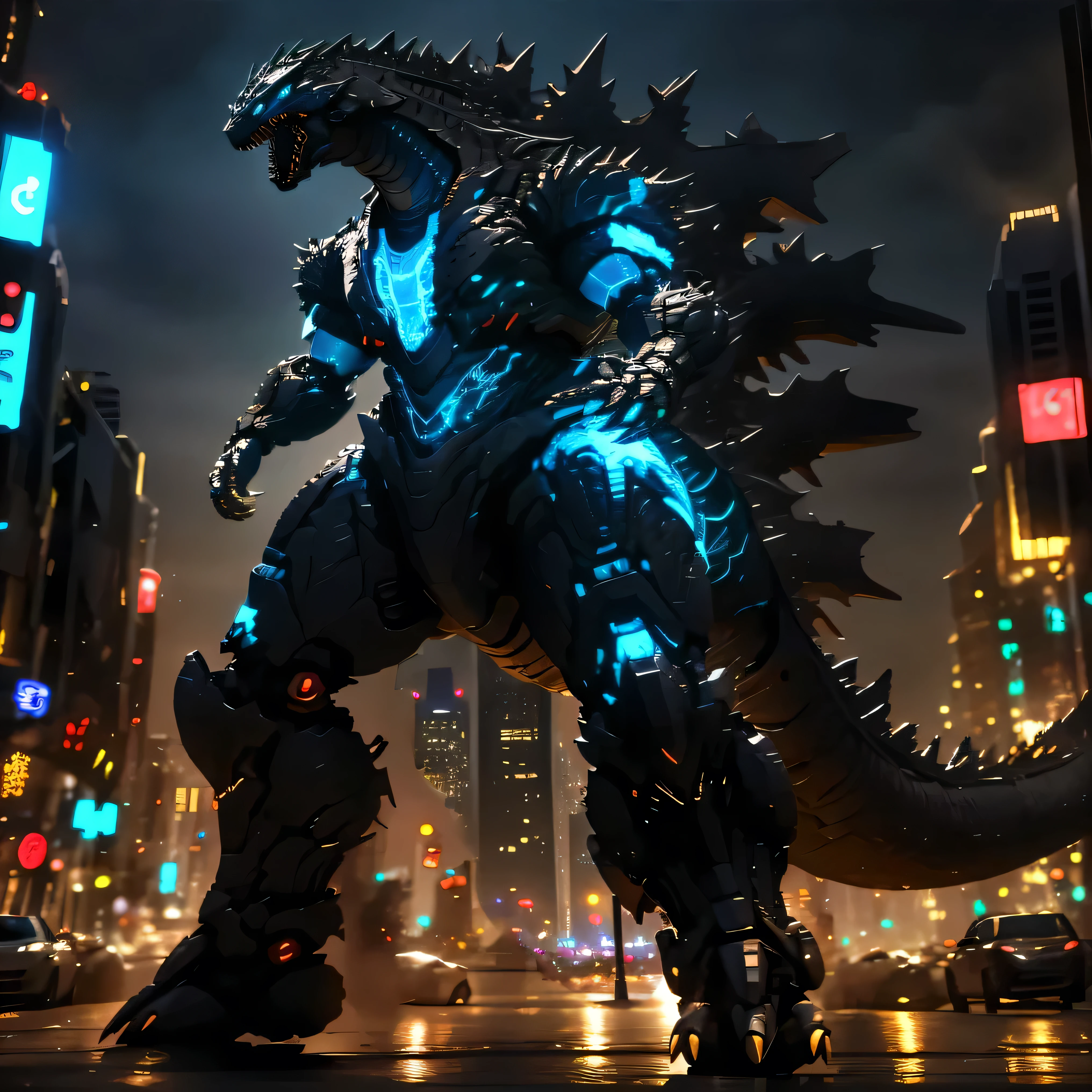 godzilla statue in the middle of a city at night, dan mumford. 8 k octane render, godzilla, dan mumford. octane render, kaiju, character portrait of godzilla, from pacific rim, hq 4k wallpaper, godzilla vs mechagodzilla, pacific rim jaeger, badass anime 8 k, mechagodzilla, kaiju towering above new york