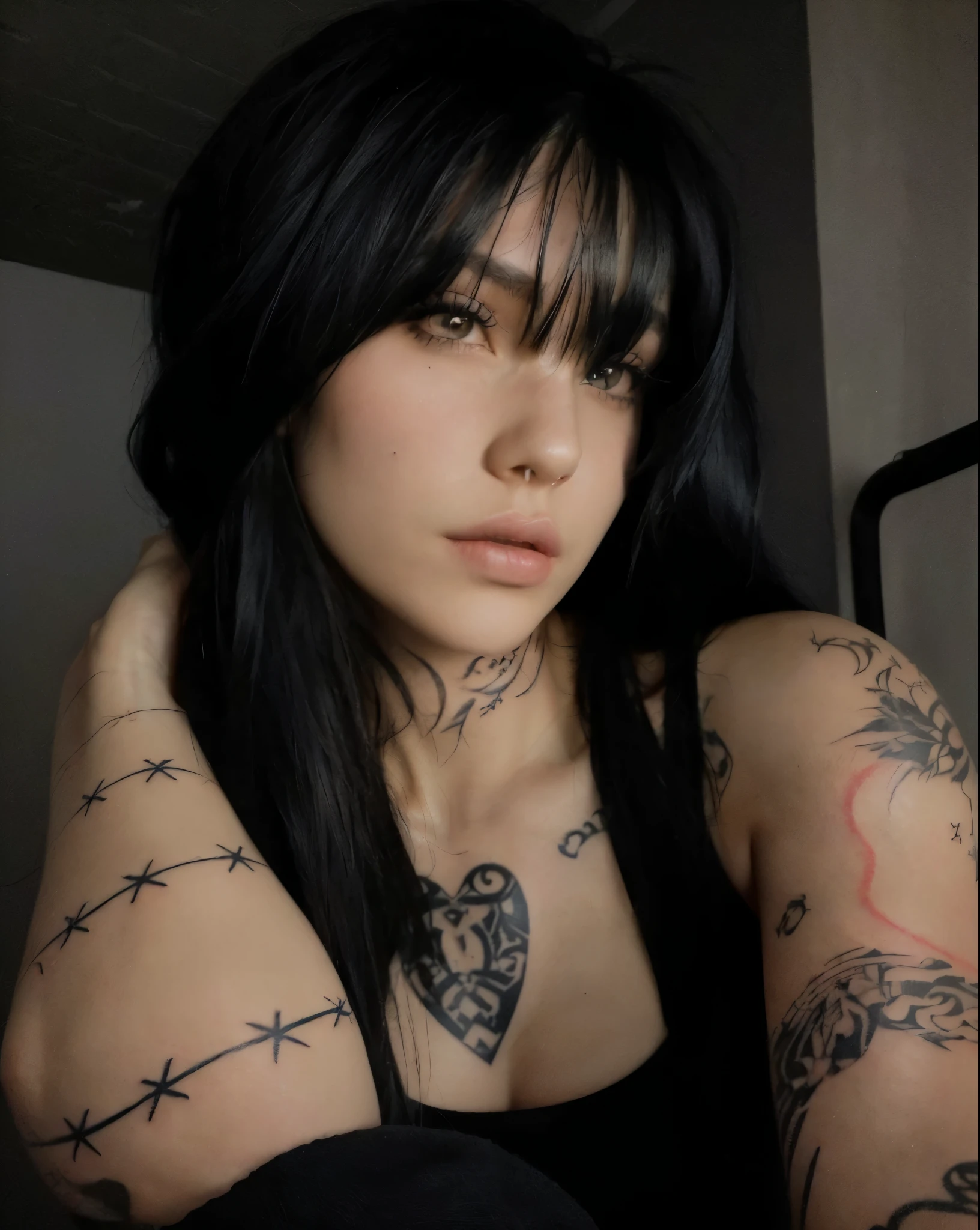 arafed woman with tattoos on her arms and chest, inked, with tattoos, tattoos and piercings, tattooed, she has black hair with bangs, black bangs, profile image, dark and realistic, 🤤 girl portrait, goth girl aesthetic, with facial tattoo, hair blackbangs hair, angiewolf, dark linework, with bangs, straight bangs, messy bangs