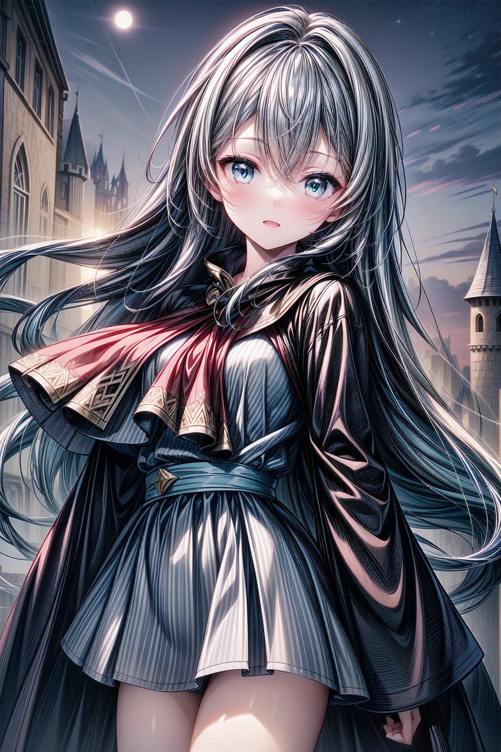 masterpiece, best quality, extremely detailed, (illustration, official art:1.1), 1 girl ,(((( light blue long hair)))), light blue hair, ,10 years old, long hair ((blush)) , cute face, big eyes, full body, cowboy shot, close-up, open wide arms, (magic effect:1.4), dynamic pose, tareme, big eyes, (shining) eyes, inviting face, (high detailed robe:1.2), cape, band of light, (wind:1.4), anime, realistic, high detailed eyes, perfect anatomy, (masterpiece, best quality, high detailed:1.4), 8k, cg. wallpaper, (blue sunset:1.4), (moon:1.2), 1girl, solo, chests lift, looking at viewer, (top of the castle:1.2)
