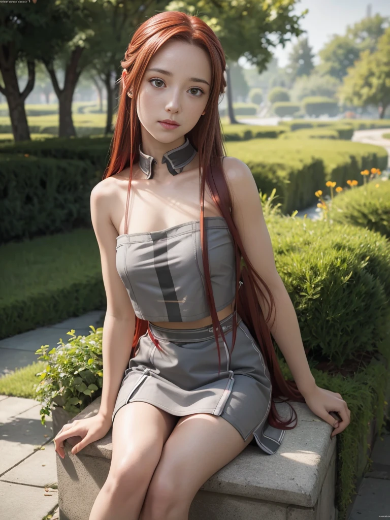 masterpiece, best quality, (realistic, photo-realistic:1.4), (RAW photo:1.2), extremely detailed CG unity 8k wallpaper, delicate and beautiful, amazing, finely detail, official art, absurdres, incredibly absurdres, huge filesize, ultra-detailed, extremely detailed, extremely detailed girl, extremely detailed eyes and face, light on face,little smile,Tiese_Shtolienen,(red hair:1.3),long hair,(grey tube top:1.5),garden,( girl:1.7)