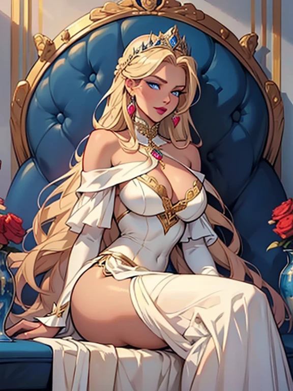 "A beautifully detailed portrait of a Nordic princess named Leona. Leona has long, straight blonde hair styled with pearls and ribbons. She is dressed in an elegant off-shoulder dress that accentuates her curves. Her face is perfectly made up with heavy makeup, including layers of foundation, eyeshadow, and ((glossy lipstick)). She has fair skin and ((blue eyes)). She is sitting with her hands in front of her. The background includes an opulent bed and ornate decorations, reflecting the grandeur and wealth of the palace. Leona looks sad, with an expression that conveys a deep sense of sorrow. The image should focus on vibrant colors and a soft, illustrative look."