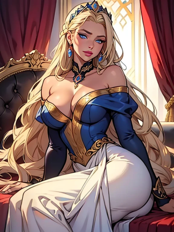 "A beautifully detailed portrait of a Nordic princess named Leona. Leona has long, straight blonde hair styled with pearls and ribbons. She is dressed in an elegant off-shoulder dress that accentuates her curves. Her face is perfectly made up with heavy makeup, including layers of foundation, eyeshadow, and ((glossy lipstick)). She has fair skin and ((blue eyes)). She is sitting with her hands in front of her. The background includes an opulent bed and ornate decorations, reflecting the grandeur and wealth of the palace. Leona looks sad, with an expression that conveys a deep sense of sorrow. The image should focus on vibrant colors and a soft, illustrative look."
