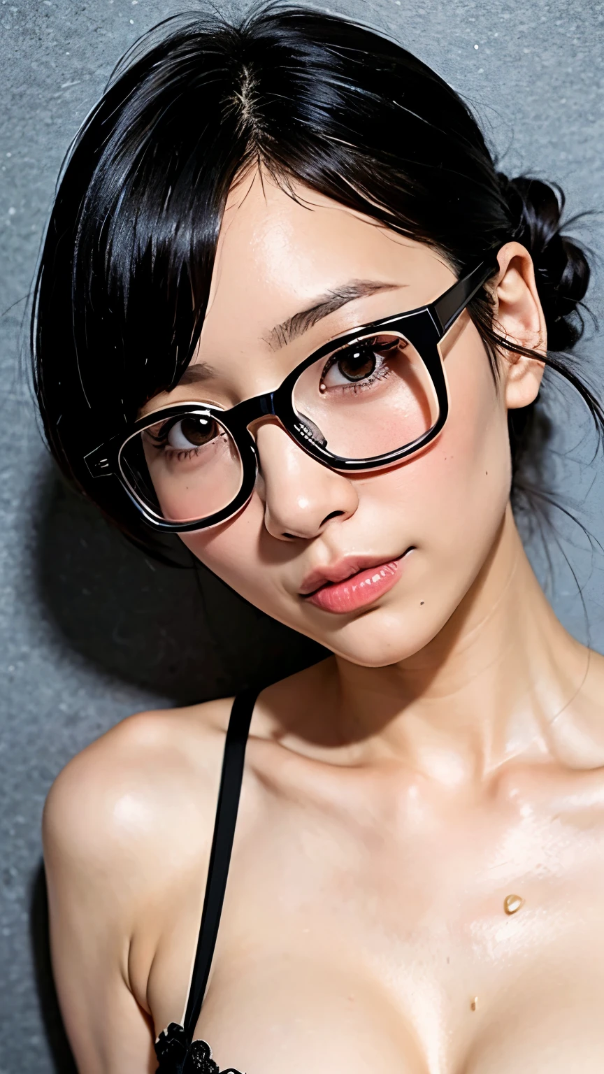 ((highest quality)), ((masterpiece)), (become close), Perfect Face,1 Japanese female,,18 ～ Random age up to 35, ,Very short hair、Black Hair、Random hairstyles for short hair and updos、  Wear glasses, Thick glasses, Sensational black lace lingerie, Sex with breasts hidden, Geeky,  Big Breastouth half open、Wet Skin、