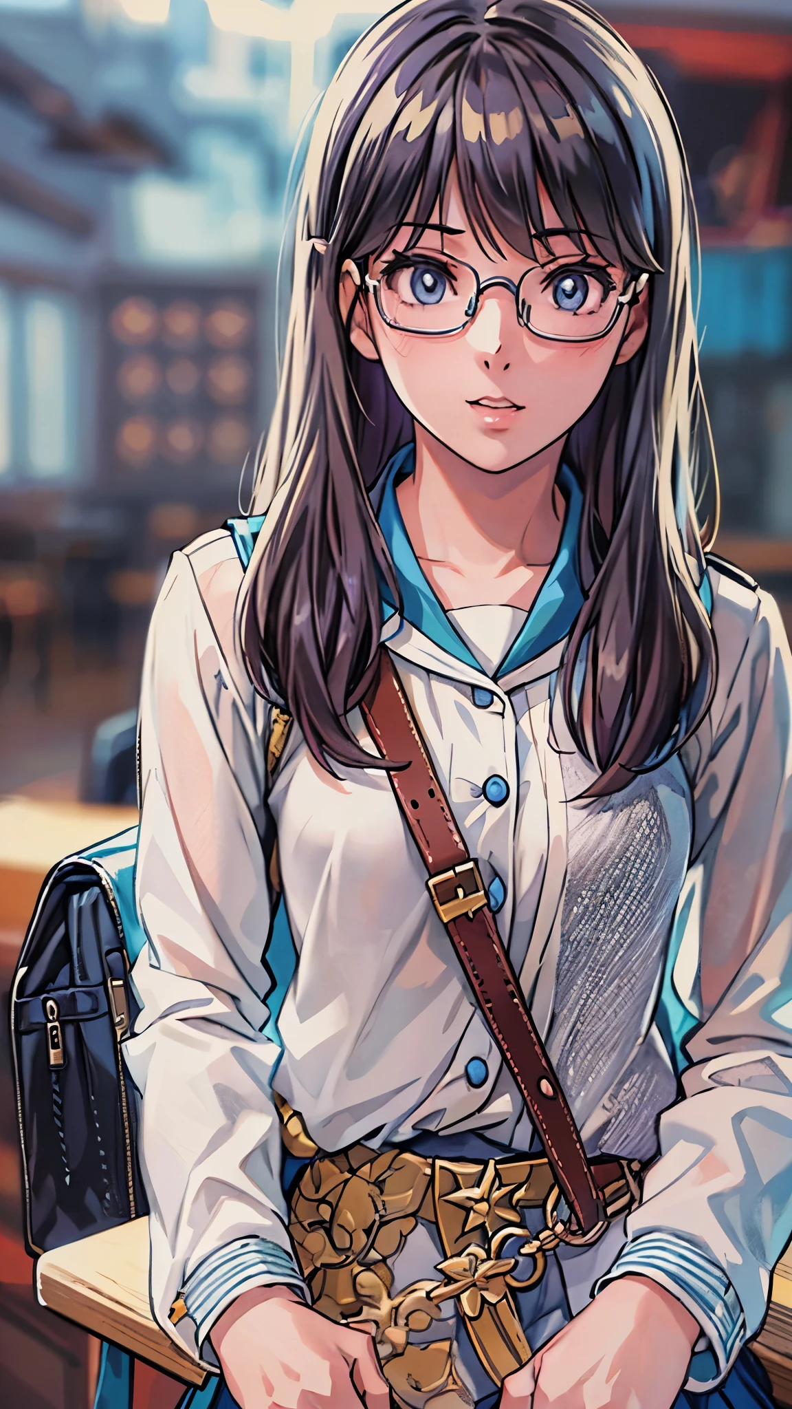(highest quality,4K,8K,High resolution,table top:1.2), super detailed, (realistic,photorealistic,photo-realistic:1.37), ((full body)),(one 17 years old girl),(Glasses Girl),Perplexed,(black hair),(long hair),((school-uniform)),(Scarf),(high socks), (pumps),(have a school shoulder bag),beautiful and fine eyes, beautiful detailed lips, highly detailed eyes and face, long eyelashes, realistic anime 3D style, Smooth anime CG art,Moe anime art style, photorealistic rendering of an anime girl,Cute anime girl visuals, realistic young anime girl, girl fan art, Created by Anime Artist