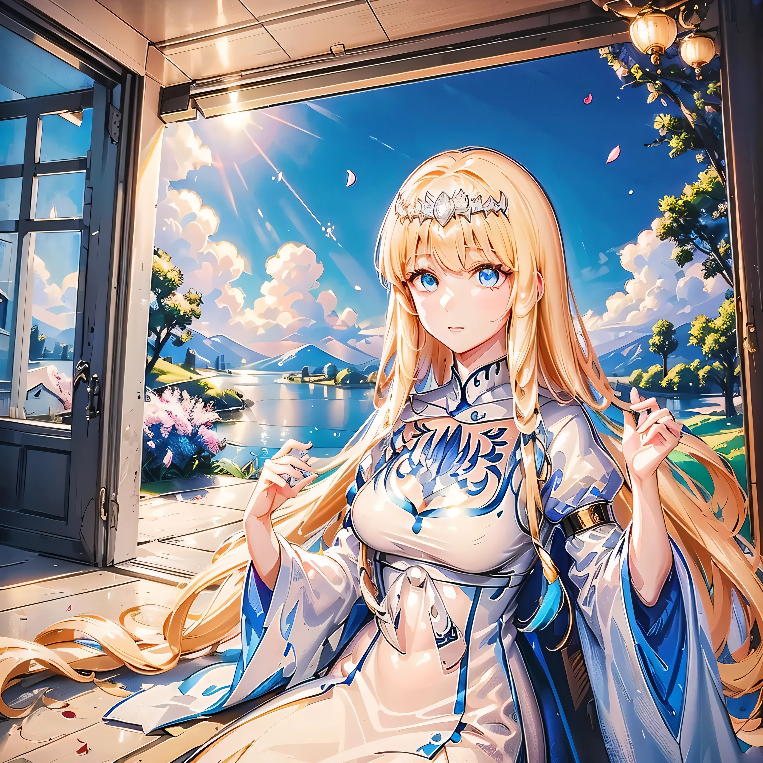 Mature girl, , , flowing hair, delicate and flexible eyes, , FOV, f/1.8, masterpiece, ancient Chinese style architecture, sky blue, flower petals flying, front portrait photo, Chang'e, side lighting, sunlight on people, 8K, 1girl, solo, Calca, Calca Bessarez, blonde hair, extremely long hair, very long hair, white tiara, white dress, blue eyes, medium chest