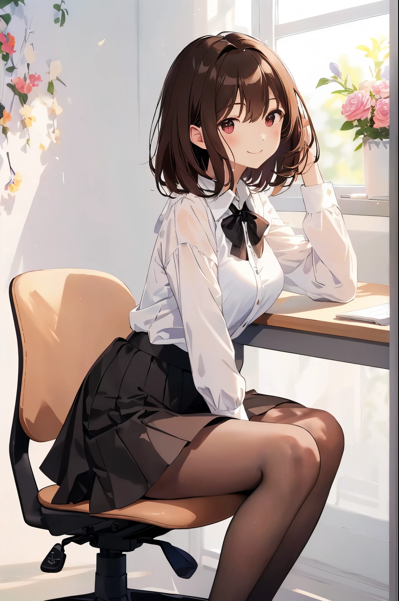 best quality, masterpiece, solo, 1 Female、Age 25、Larger breasts、(Slender figure)、From the side、(Sitting in a chair)、(office lady)、Poses that emphasize the chest、sheer white blouse、Bowtie、skirt、tights、(White highlight in pupil:1.2)、Dark reddish brown eyes、(Black-haired:1.2)、(Short Hair)、(View your viewers:1.2)、White skin、(blush)、(A shy smile)、(A sad expression)、(I blur the background a lot to make the woman stand out.:1.3)、(The sunlight shines in)、Half backlight、Beautiful flowers in the background