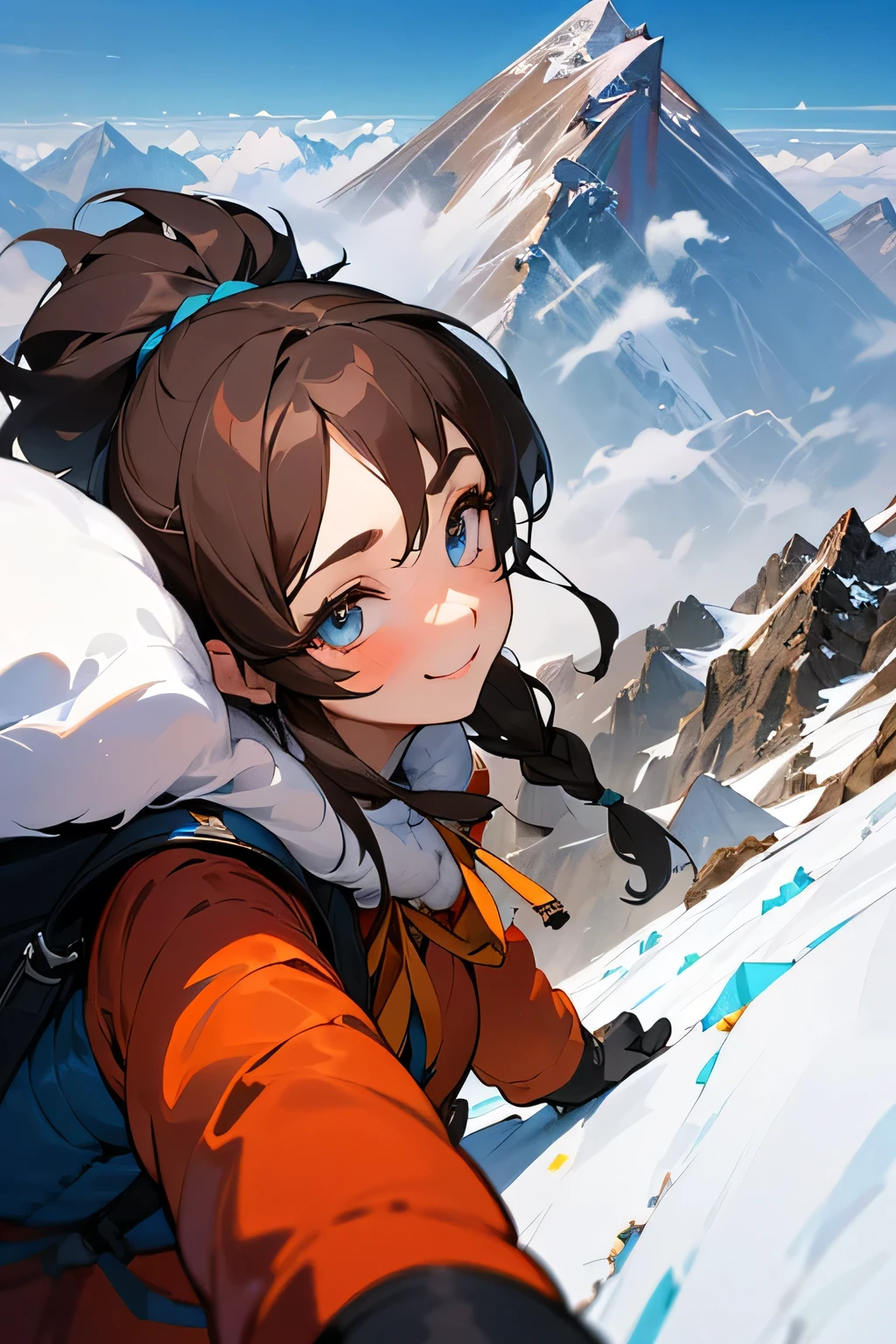 highest quality、High resolution、Detailed Background、(Beautiful face in every detail:1.4)、Anatomically correct、(Detailed facial expressions)、(Detailed eyes:1.2)、Beautiful women in their 20s、(Highly detailed face:1.4)、Cute hair colour、Braided Ponytail、Braided long hair、Wavy Hairstyle、well-groomed eyebrows、Cute gestures、From the summit of Everest、
(A beautiful woman with a satisfied expression taking a photo at a powerful angle from the summit of Mount Everest at an altitude of 8,000 meters:1.5)、
The spectacular sight of the world's highest peak unfolds before your eyes.、The snowy peak of Mount Everest, towering above the sea of clouds, looks like a giant white spire stretching into the heavens.、Its imposing appearance seems to symbolize the pinnacle of the Earth.、Standing at the peak at an altitude of 8048 meters、The view from there is magnificent.、Beneath my feet is a deep valley and steep rock faces, with a small mountain reflected in the distance.々is a series of、
Far below you can see the sea of clouds and the towering figure of Mount Everest.、
The white snowy tops reflect the sunlight and look like gods.々It seems to emit a bright glow.、
The overwhelming presence will take your breath away.、The blue sky and the pure white snowy peaks create a beautiful contrast.、
You can feel the grandeur of the highest peak on earth and the smallness of humans.、You can capture the overwhelming power and grandeur of the place.、This will be a thrilling and moving piece that was achieved at the risk of one's life.、
Choose a lightweight, warm down jacket。Elegant design with fur、
Stylish leggings with a tight silhouette、The warm high-necked top gives a mature and elegant impression.、The colour should also be calm.、Sturdy hiking boots、Chic beige and grey design、Gloves and neck warmer、Add accents with accessories such as knit hats、A functional backpack-type bag