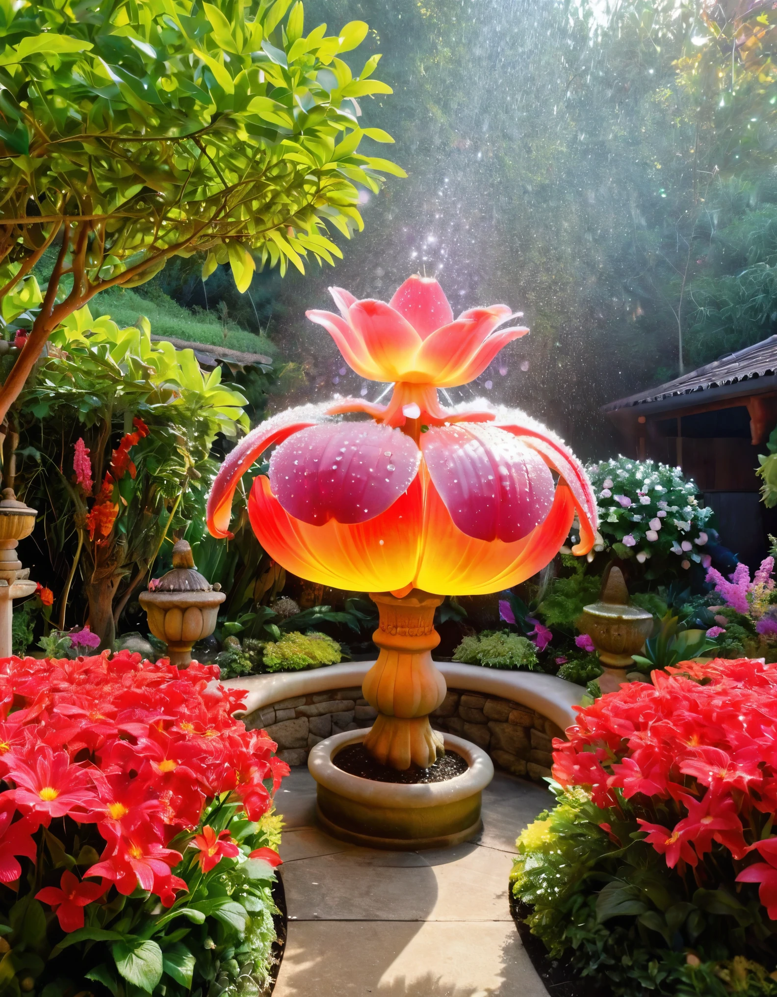 Betty Boop, large breasts, in a mystical garden with giant flowers, sparkling dew, and a magical aura., photo realistic, 8k, vibrant colors