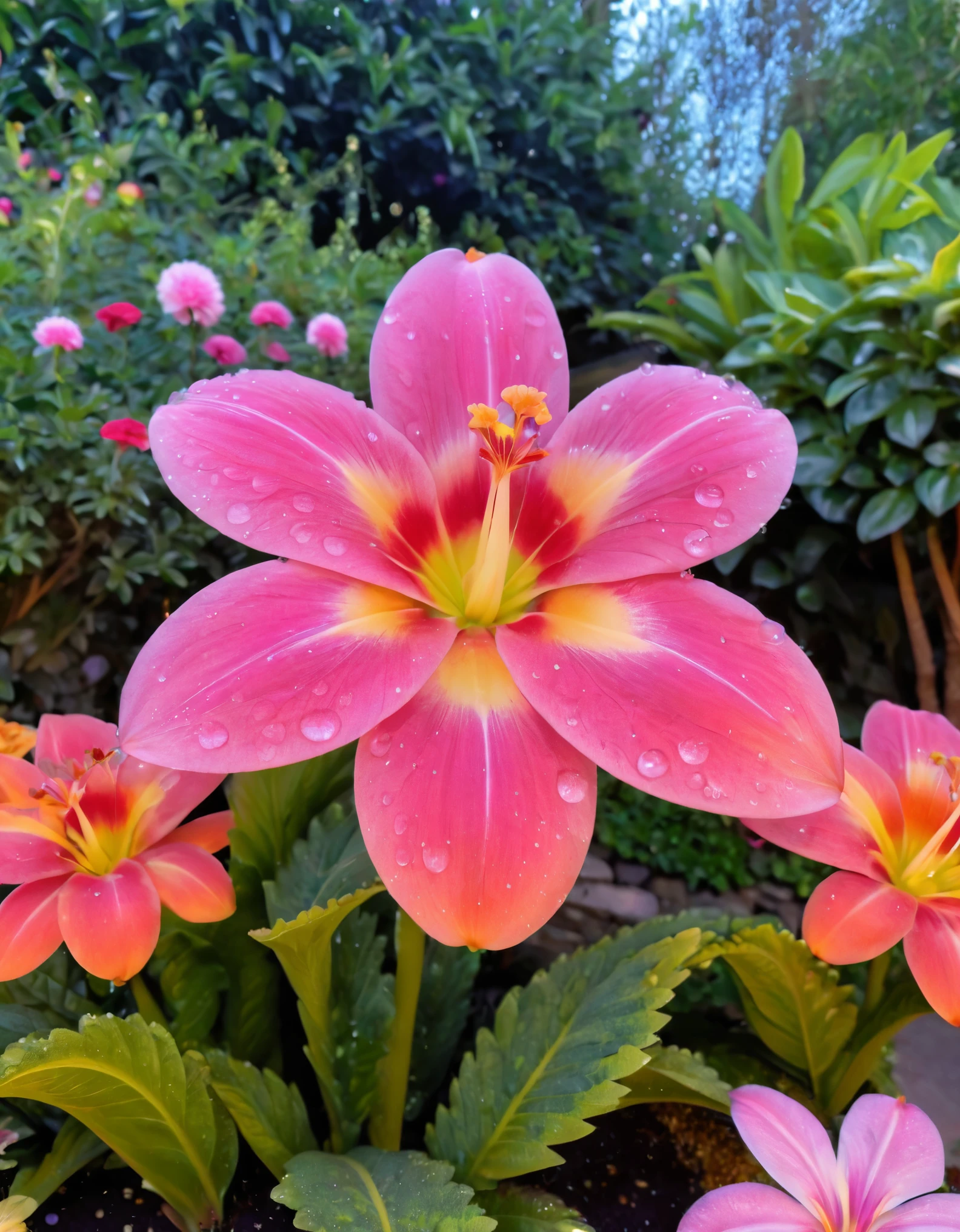Betty Boop, large breasts, in a mystical garden with giant flowers, sparkling dew, and a magical aura., photo realistic, 8k, vibrant colors