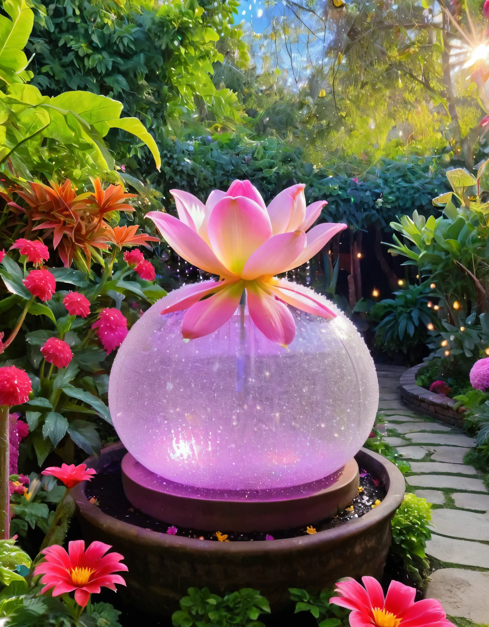 Betty Boop, large breasts, in a mystical garden with giant flowers, sparkling dew, and a magical aura., photo realistic, 8k, vibrant colors