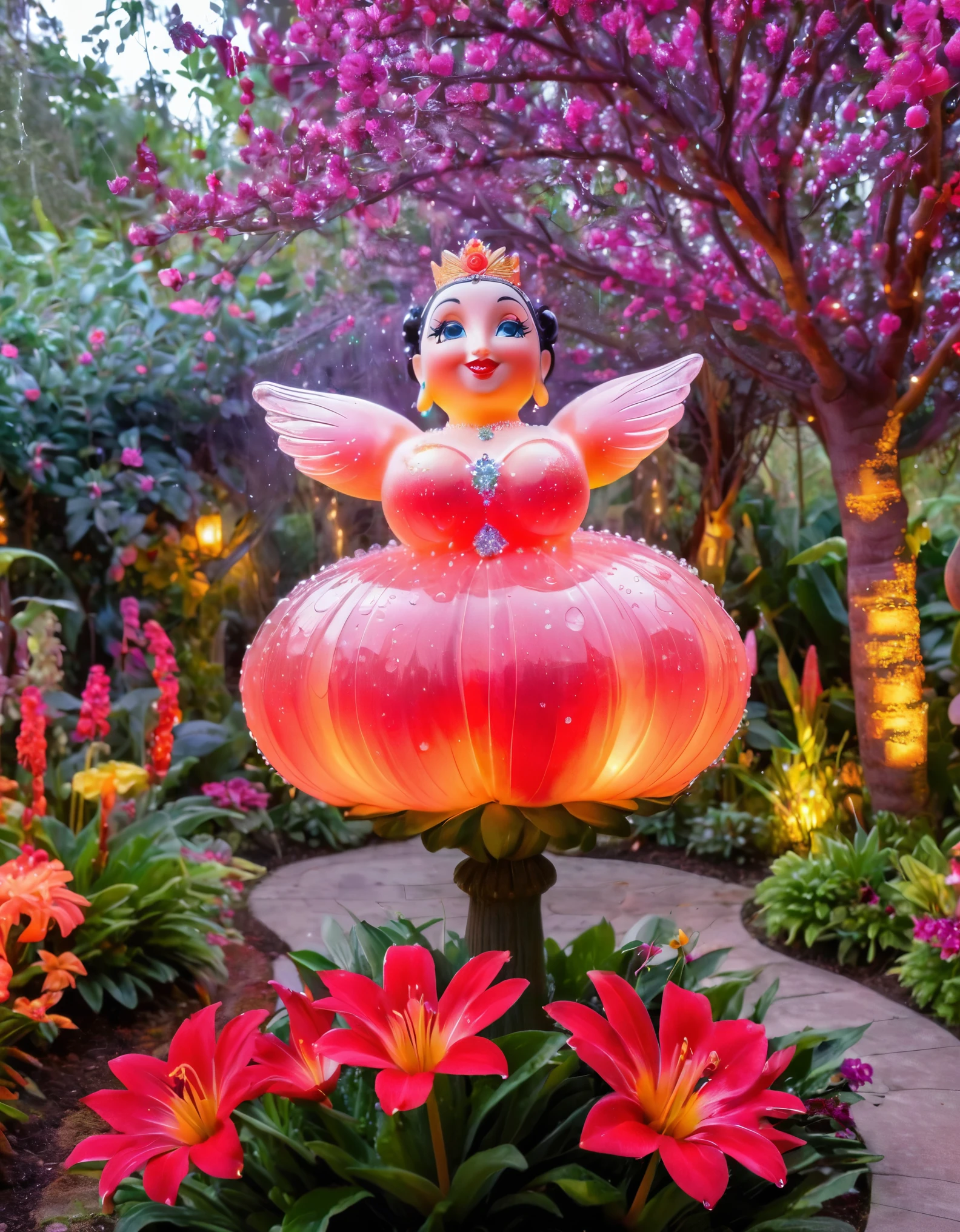 Betty Boop, large breasts, in a mystical garden with giant flowers, sparkling dew, and a magical aura., photo realistic, 8k, vibrant colors