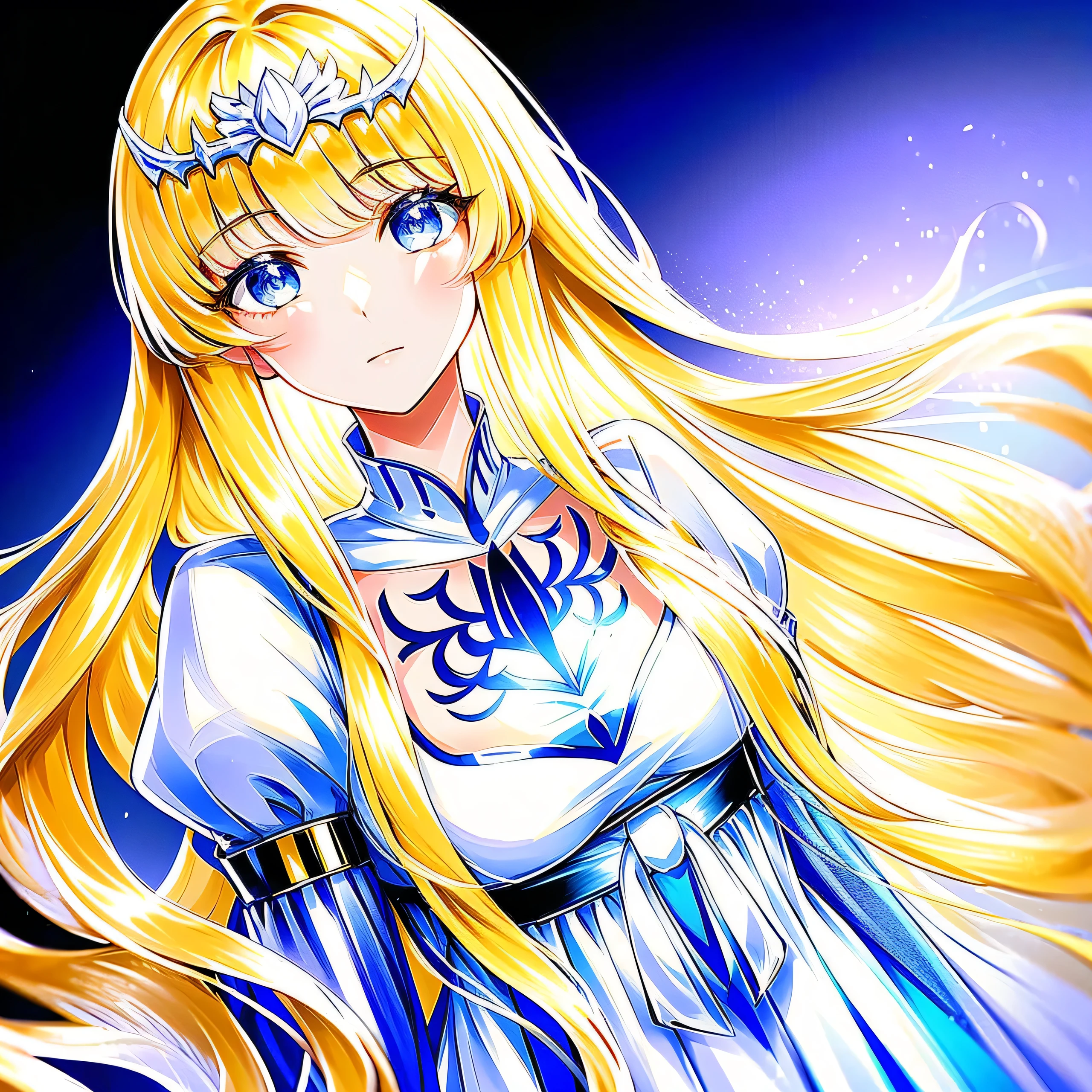 Masterpiece, Best quality, Ultra-detailed, illustration, Portrait, 1girl, solo, Calca, Calca Bessarez, blonde hair, extremely long hair, very long hair, white tiara, silver tiara, white dress, blue eyes, medium chest, long straight hair