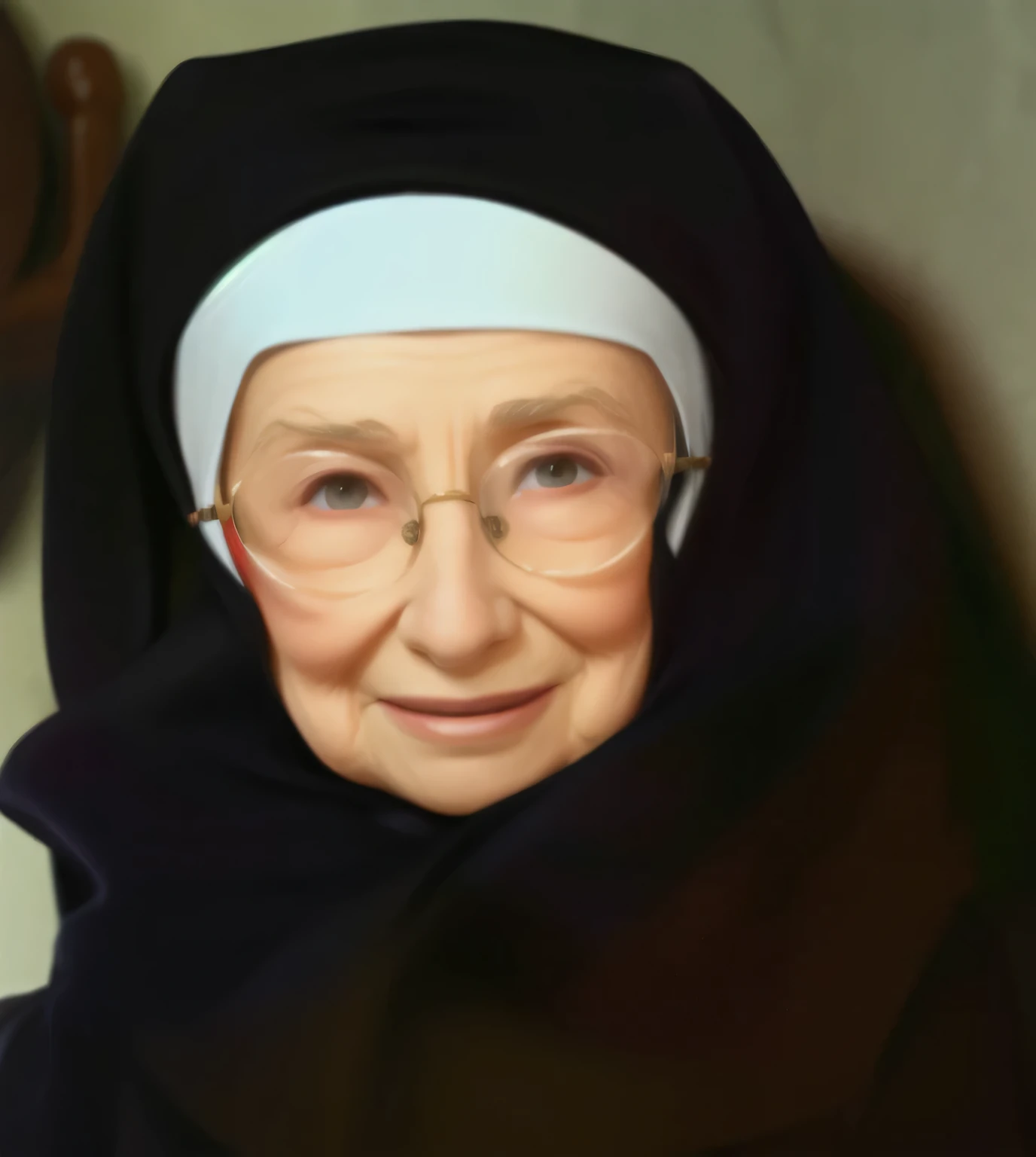 Mujer , nun Belgium Fabiola, He is 97 years old and has wrinkles,tiene gafas, arrugas