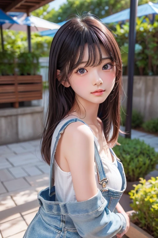 Top quality masterpiece 8Kmasterpiece Super detailed facial details Draw the face in detail A woman wearing denim overalls Nogizaka Idol Asuka Saito Plump breasts Upper Body Kawaii pose sexy pictures Focus on the face Close up photography professional lighting Vivid photos Sexy heavy bangs Sexy pose