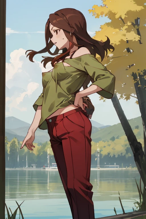 Lake Izu,((highest quality)), ((masterpiece)), (be familiar with),{{nsfw}},One female,Long Hair, Brown Hair, Brown eyes, Green Shirt,(Small breasts), Off the shoulder, Exposing shoulders,((Erect nipples)),Red pants