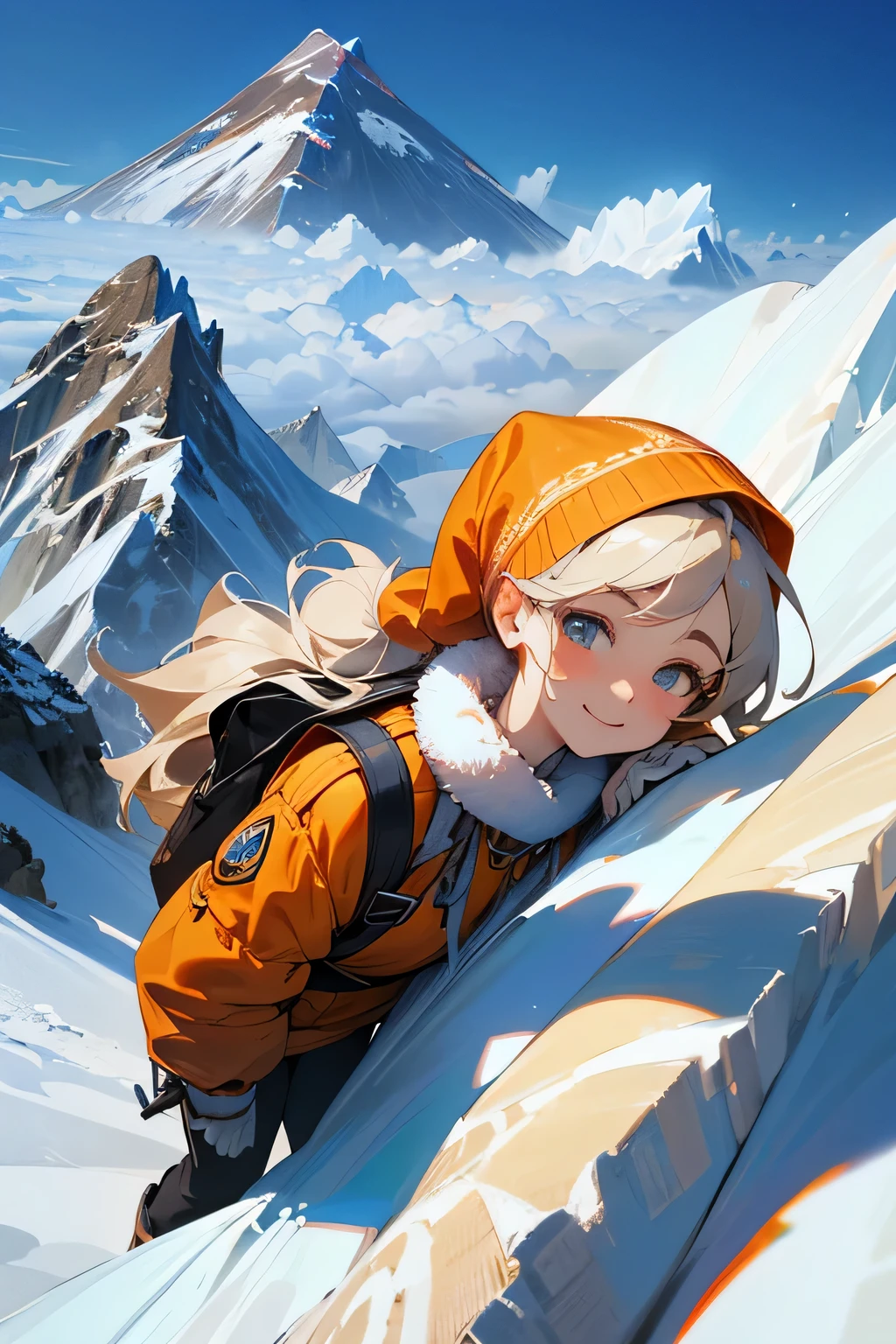 highest quality、High resolution、Detailed Background、(Beautiful face in every detail:1.4)、Anatomically correct、(Detailed facial expressions)、(Detailed eyes:1.2)、Beautiful women in their 20s、(Highly detailed face:1.4)、Cute hair colour、Braided Ponytail、Braided long hair、Wavy Hairstyle、well-groomed eyebrows、Cute gestures、From the summit of Everest、
(A beautiful woman with a satisfied expression taking a photo at a powerful angle from the summit of Mount Everest at an altitude of 8,000 meters:1.5)、
The spectacular sight of the world's highest peak unfolds before your eyes.、The snowy peak of Mount Everest, towering above the sea of clouds, looks like a giant white spire stretching into the heavens.、Its imposing appearance seems to symbolize the pinnacle of the Earth.、Standing at the peak at an altitude of 8048 meters、The view from there is magnificent.、Beneath my feet is a deep valley and steep rock faces, with a small mountain reflected in the distance.々is a series of、
Far below you can see the sea of clouds and the towering figure of Mount Everest.、
The white snowy tops reflect the sunlight and look like gods.々It seems to emit a bright glow.、
The overwhelming presence will take your breath away.、The blue sky and the pure white snowy peaks create a beautiful contrast.、
You can feel the grandeur of the highest peak on earth and the smallness of humans.、You can capture the overwhelming power and grandeur of the place.、This will be a thrilling and moving piece that was achieved at the risk of one's life.、
Choose a lightweight, warm down jacket。Elegant design with fur、
Stylish leggings with a tight silhouette、The warm high-necked top gives a mature and elegant impression.、The colour should also be calm.、Sturdy hiking boots、Chic beige and grey design、Gloves and neck warmer、Add accents with accessories such as knit hats、A functional backpack-type bag