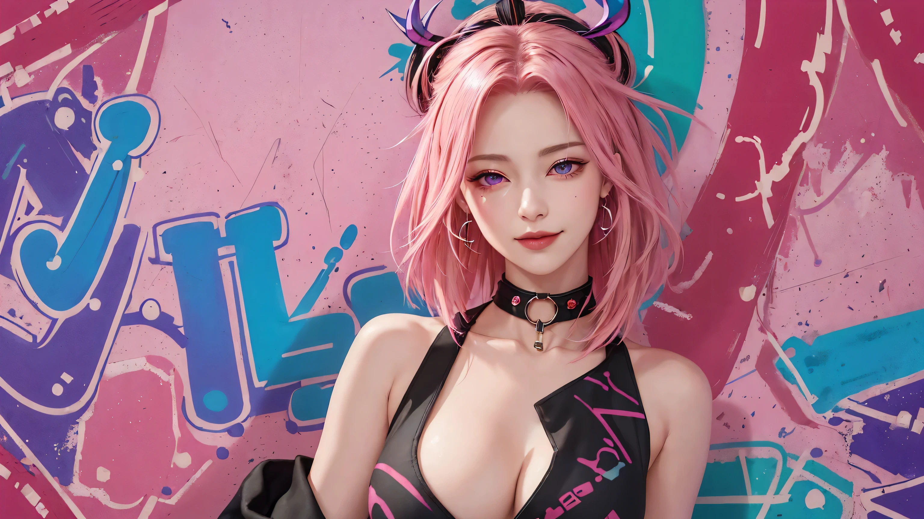 (Masterpiece, best quality, 1 girl, alone, complicated details, Chromatic aberration), realistic, ((Moderate breath)),long hair, pink hair, Red headpiece, Pink Highlights, hair on one eye,purple eyes, earring, sharp eyes, choker, Neon coat, She wears a collar, bangle, and kimono style garters., crop top, (symmetrical eyes),(Perfect symmetrical body),against the wall, Brick wall, (colorful graffiti words on the wall:1.2), The light is dim., alley ,Look at the viewer.、Dig the chest、smile、(sleeveless、Navel touch、Fitted turtleneck.)、street string hot pants、Thin bottom、Please build above the eaves..、Thin shoulders、in underwear、