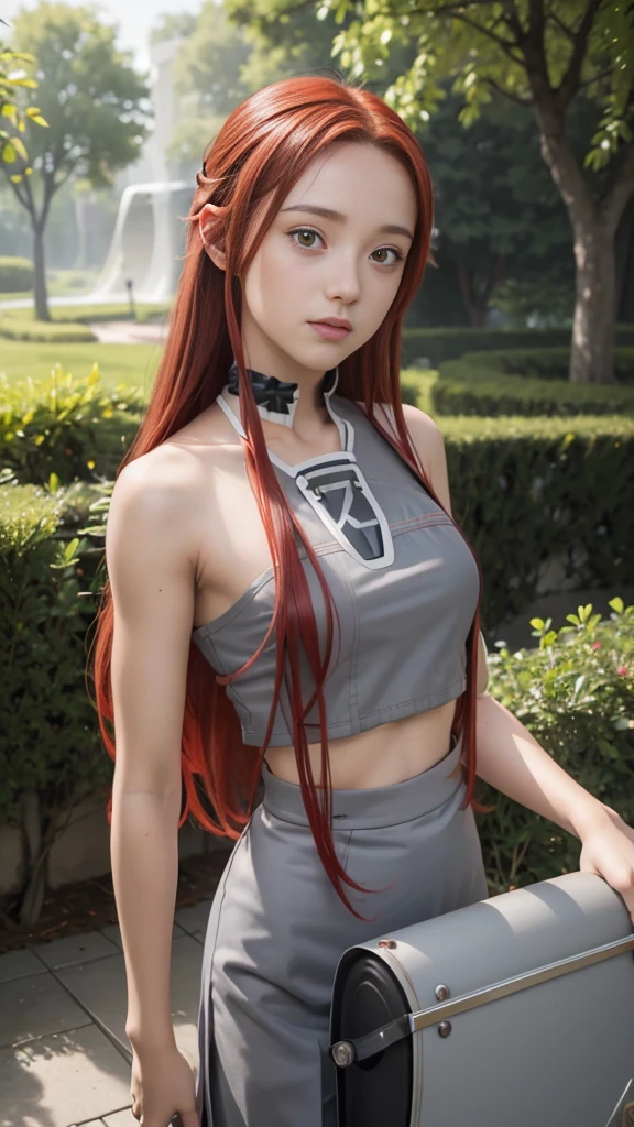 masterpiece, best quality, (realistic, photo-realistic:1.4), (RAW photo:1.2), extremely detailed CG unity 8k wallpaper, 1 girl, delicate and beautiful, amazing, finely detail, official art, absurdres, incredibly absurdres, huge filesize, ultra-detailed, extremely detailed, extremely detailed girl, extremely detailed eyes and face, light on face,little smile,Tiese_Shtolienen, (red hair:1.3), long hair,(grey tube top:1.5) ,garden, (teen girl:1.7)
