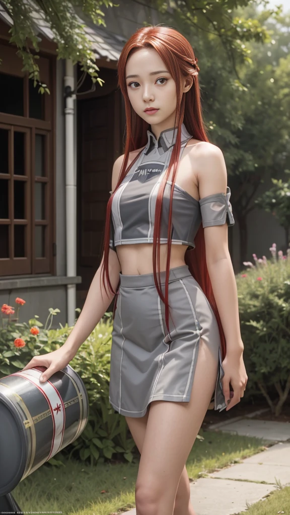 masterpiece, best quality, (realistic, photo-realistic:1.4), (RAW photo:1.2), extremely detailed CG unity 8k wallpaper, 1 girl, delicate and beautiful, amazing, finely detail, official art, absurdres, incredibly absurdres, huge filesize, ultra-detailed, extremely detailed, extremely detailed girl, extremely detailed eyes and face, light on face,little smile,Tiese_Shtolienen, (red hair:1.3), long hair,(grey tube top:1.5) ,garden, (teen girl:1.7)