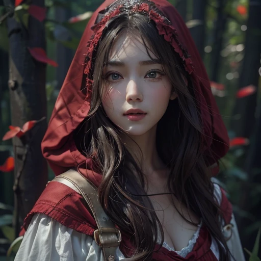 Standing in the forest、Hair flow、 ((highest quality、masterpiece、8k、Best image quality、Ultra-high resolution、Award-winning works)、(Accurate anatomy:1.1)、(Look at me and smile:1.1)、Shining fair skin with Ultra-high resolution、The most detailed face、Ultra-high resolution detailed face、Ultra-high resolutionの髪の毛、(Ultra-high resolution eye:1.1)、Beautiful face drawn in every detail、little red riding hood　Costumes , Chest to chest,  Strange atmosphere, A real werewolf stares at her., Dark Light, in the forest , Heavy makeup 