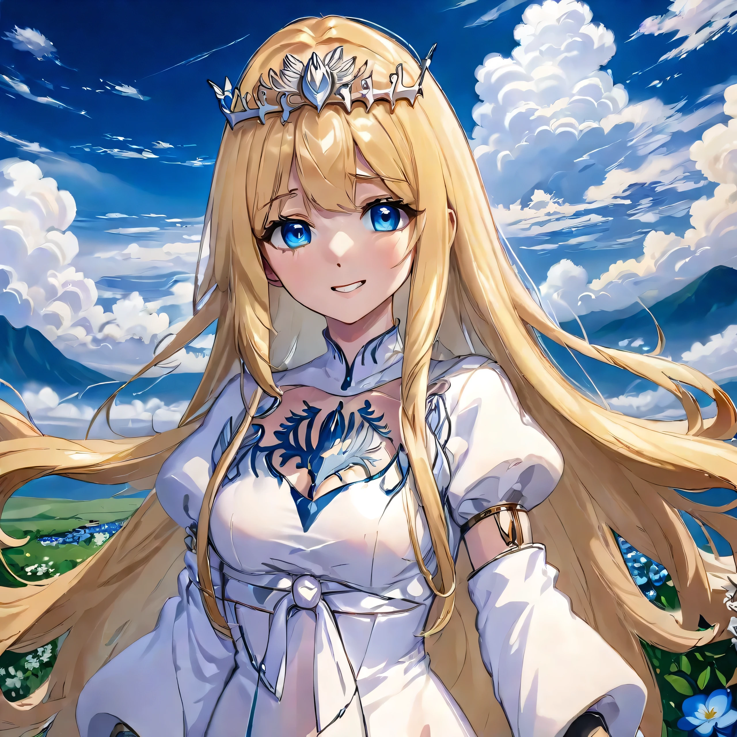 ultra-detailed,(best quality),((masterpiece)),(highres),original,extremely detailed 8K wallpaper,(an extremely delicate and beautiful),
anime,
\\,
BREAK
1girl, solo,, outdoors, smile, looking at viewer, bracelet, cloud, day, blue flower,
BREAK
Calca, Calca Bessarez, blonde hair, extremely long hair, very long hair, small white tiara, white dress, blue eyes, medium chest, long straight hair, mature female, 25 years old,