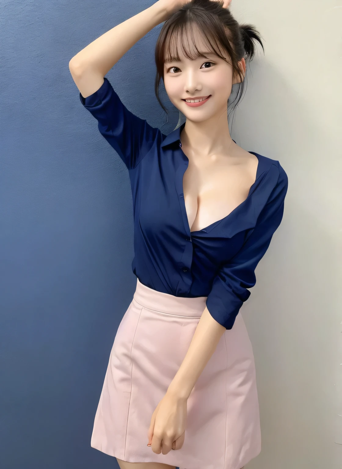 (masterpiece:1.3)、Very fine finish、(High resolution、8k:1.3)、highest quality、Beautiful Hands、Beautiful Hands指、(Ultra-realistic as a photo:1.3), ((超High resolution)),8K,、Leaning forward to reveal cleavage、Small breasts、Flat Chest、Small breasts, , ponytail, Blue mini skirt, Navy blue Y-shirt、Small breasts cleavage 2:1,Idol Sculpture, Wet, smile、Pink wall、sexy、slender、Well-shaped small breasts、I can see your thighs、