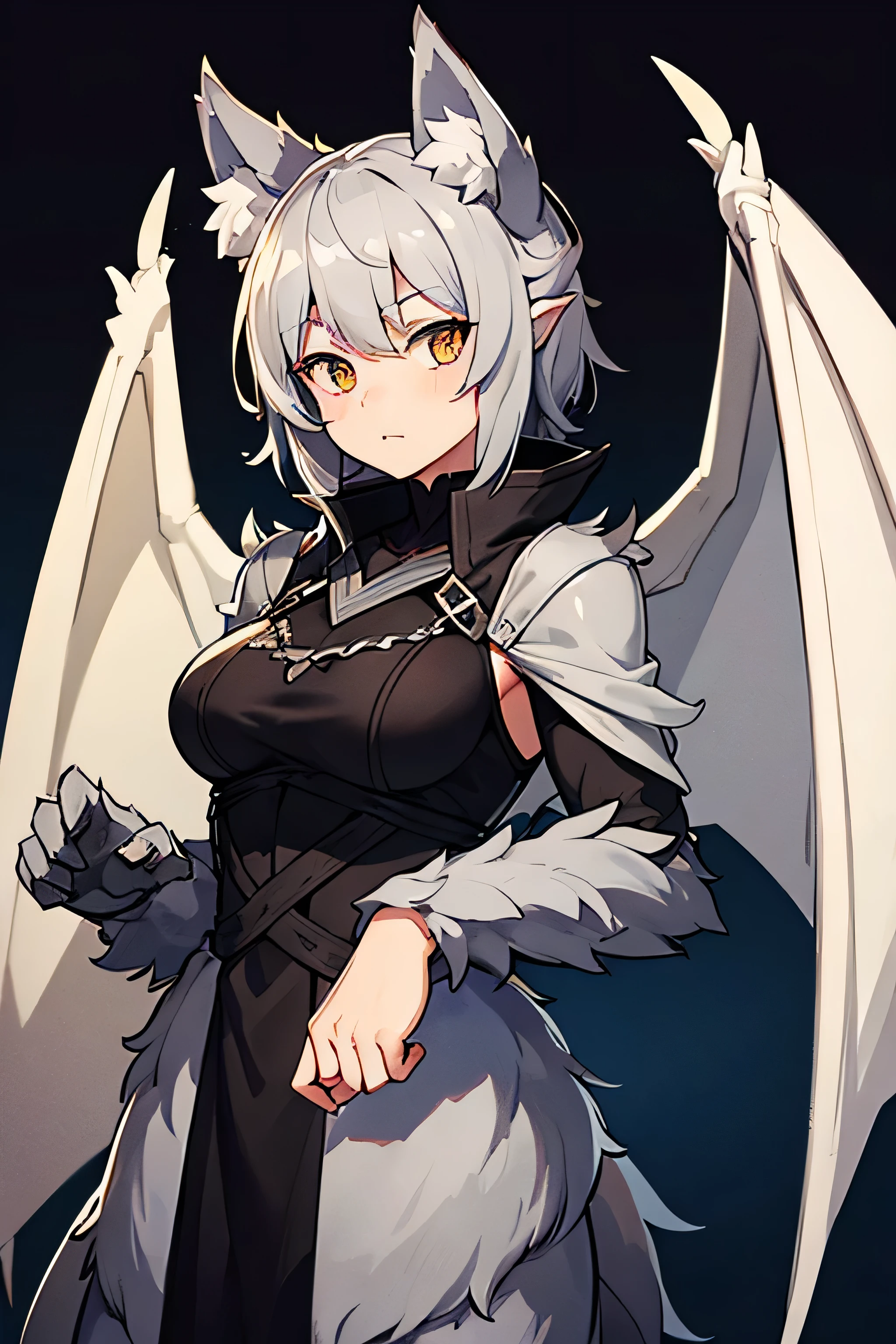 light grey wolf, black dragon wings