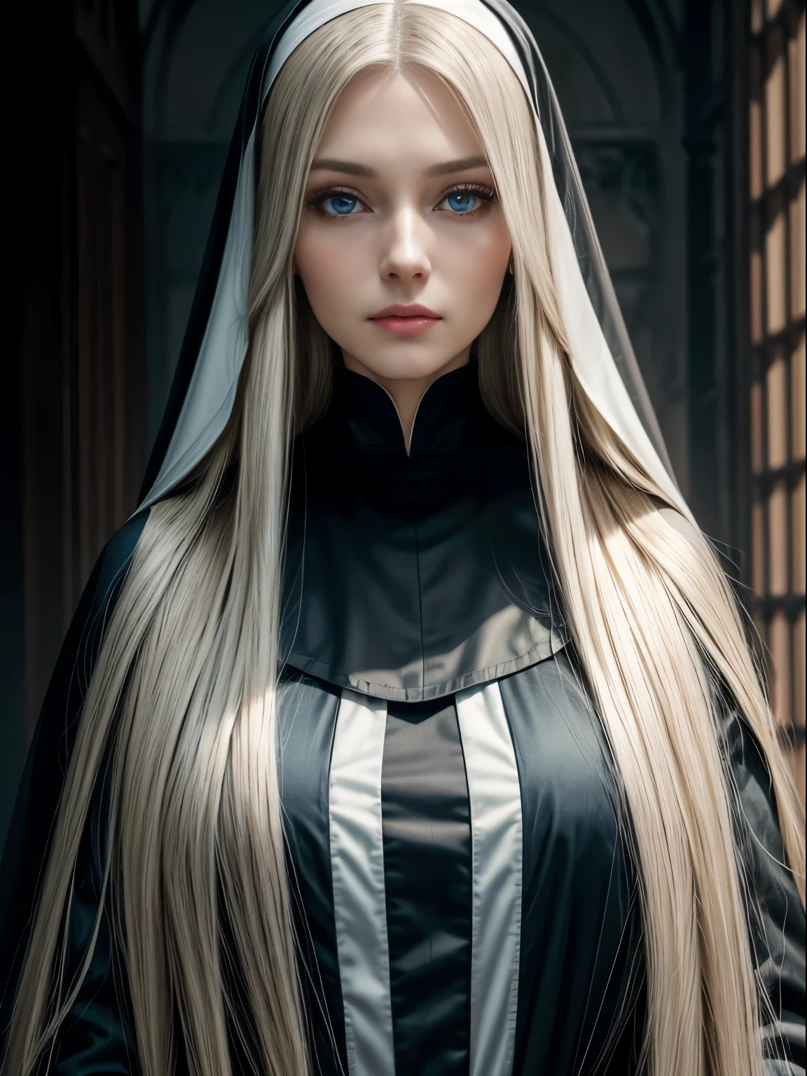 a 50 year old mysterious, dark, woman, nun, Pure blond straight hair, (long hair) (((straight hair))), Detailed hair, Blue Eyes, beautiful eyes, light on the face, pale skin,